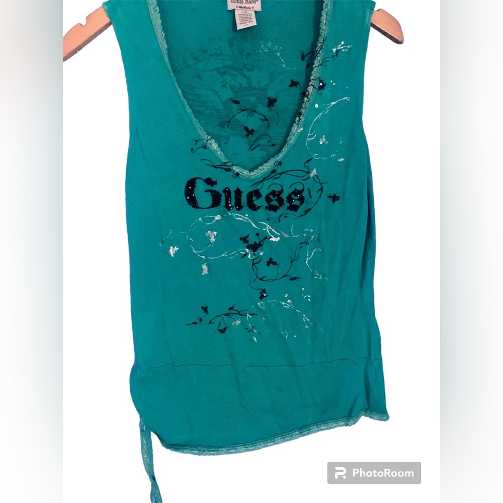 Guess Jeans VTG Y2K Green Embellished Side Tie Graphic Top Tee Size L